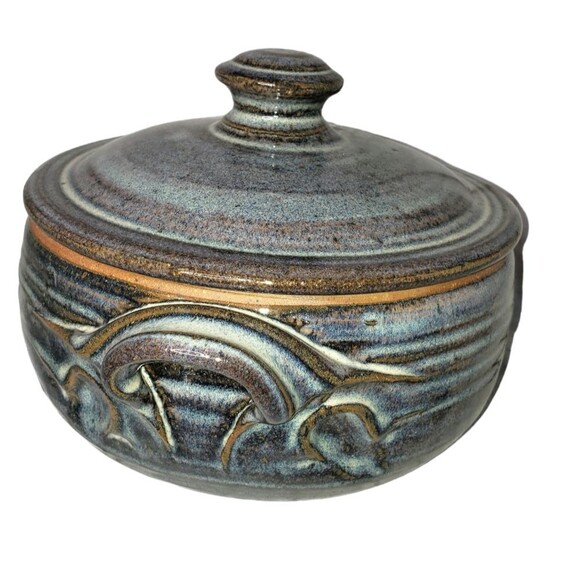 Folk Art Pottery signed with Lid Blues Brown